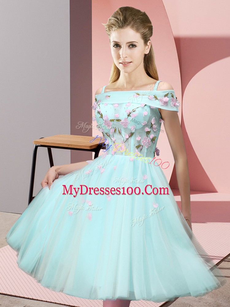 Fancy Short Sleeves Tulle Knee Length Lace Up Quinceanera Court of Honor Dress in Apple Green with Appliques