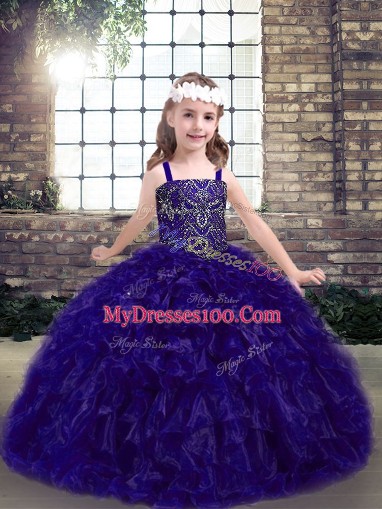 Trendy Purple Ball Gowns Straps Sleeveless Organza Floor Length Lace Up Beading and Ruffles Pageant Gowns For Girls