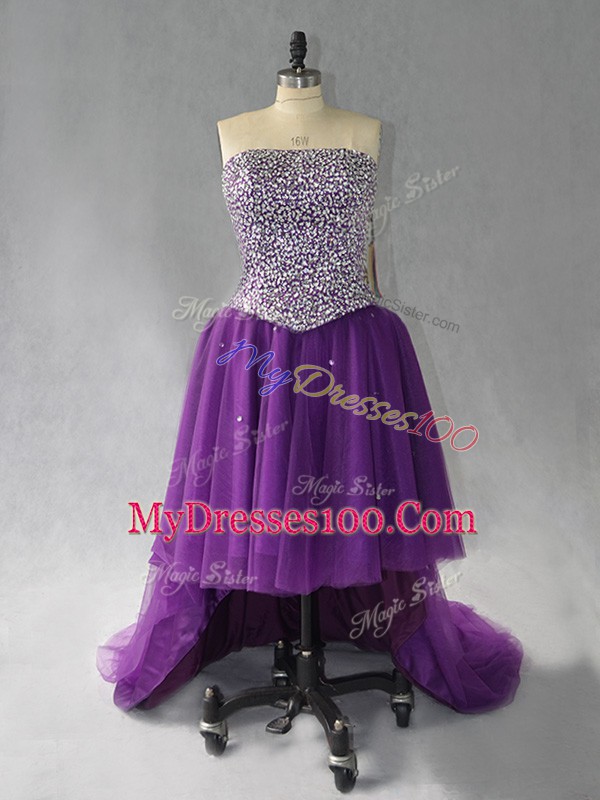 Stunning Purple Strapless Neckline Beading Dress for Prom Sleeveless Lace Up