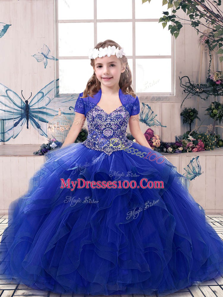 Floor Length Royal Blue Kids Formal Wear Straps Sleeveless Lace Up