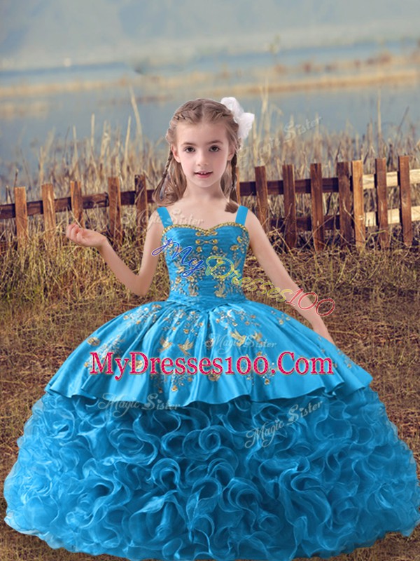 Most Popular Baby Blue Sleeveless Embroidery Lace Up Girls Pageant Dresses