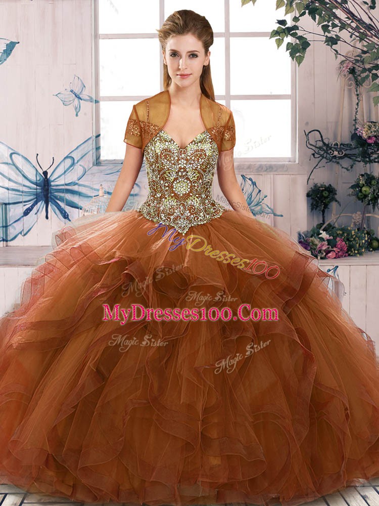 Brown Lace Up Sweet 16 Quinceanera Dress Beading and Ruffles Sleeveless Floor Length