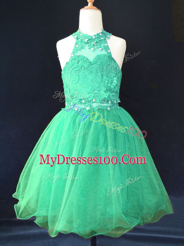 Elegant Green A-line Organza Halter Top Sleeveless Beading and Lace Mini Length Lace Up Kids Pageant Dress