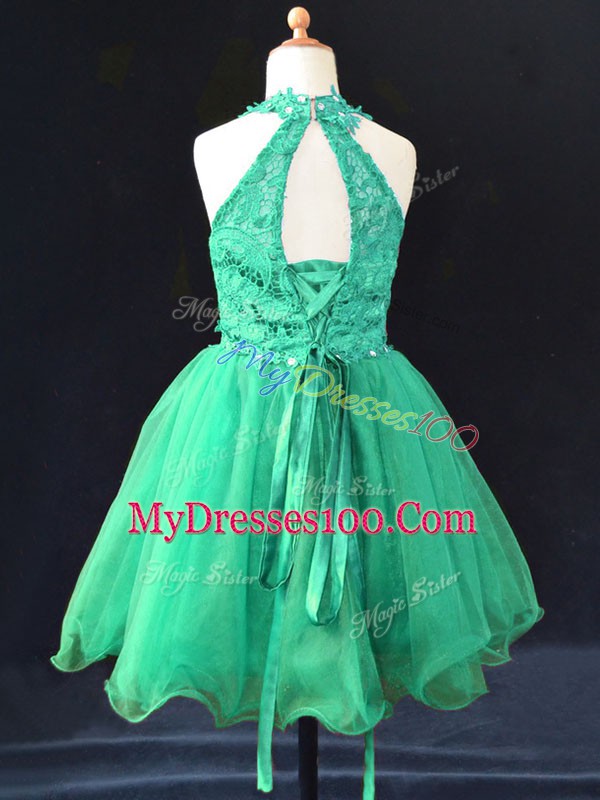 Elegant Green A-line Organza Halter Top Sleeveless Beading and Lace Mini Length Lace Up Kids Pageant Dress