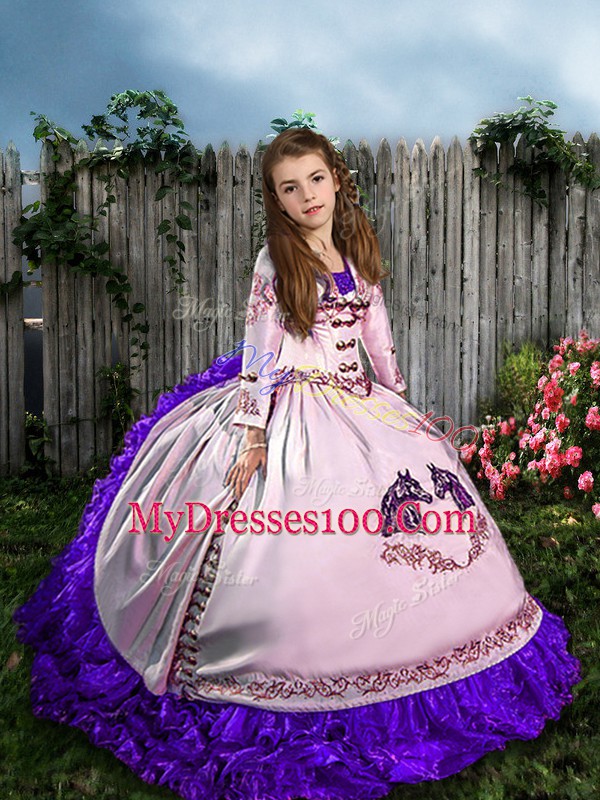 Amazing Lace Up Little Girls Pageant Dress Wholesale White for Wedding Party with Embroidery and Ruffles Sweep Train