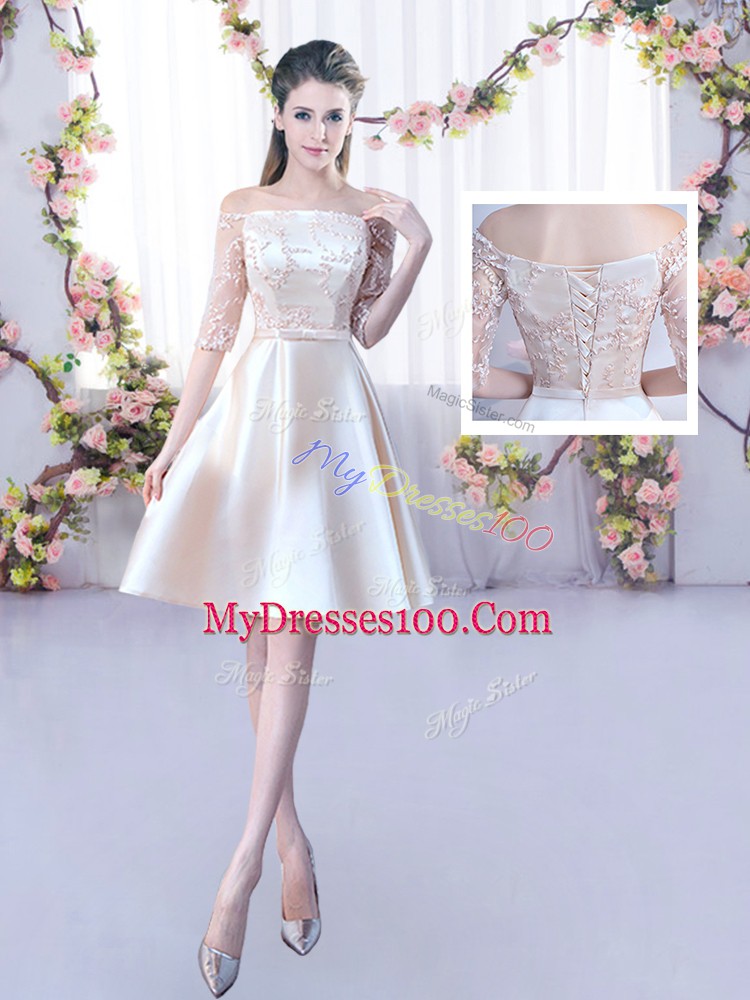 Elegant Champagne Half Sleeves Lace and Belt Mini Length Damas Dress