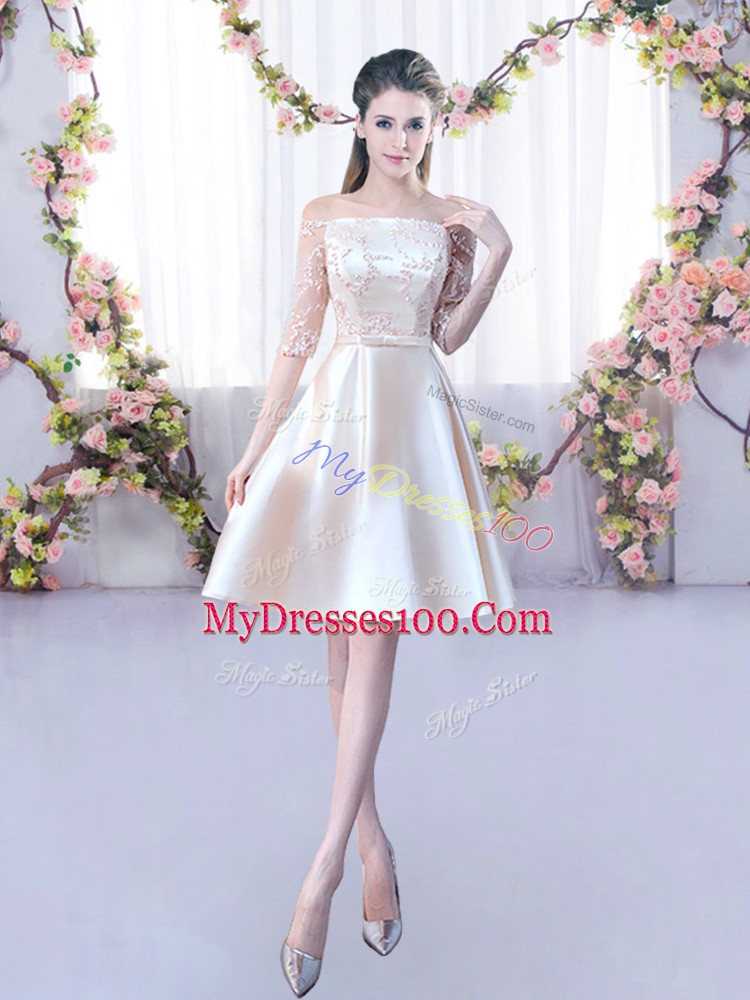 Elegant Champagne Half Sleeves Lace and Belt Mini Length Damas Dress
