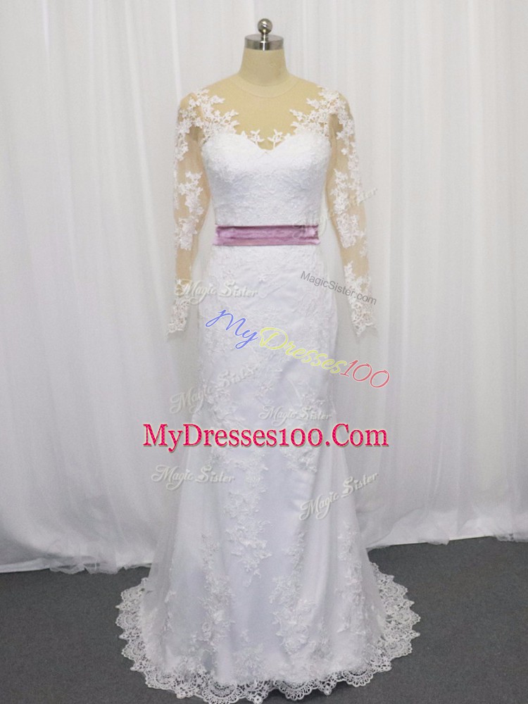 White Column/Sheath Lace and Belt Bridal Gown Clasp Handle Tulle Long Sleeves