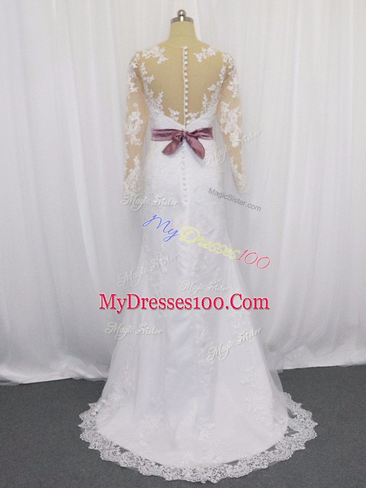 White Column/Sheath Lace and Belt Bridal Gown Clasp Handle Tulle Long Sleeves