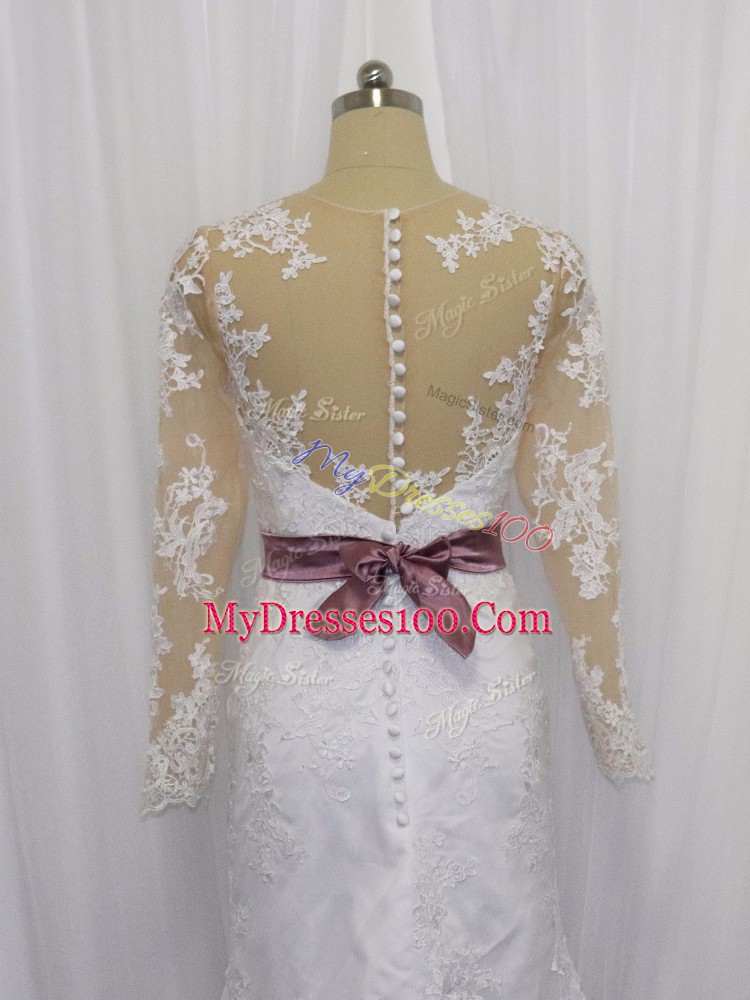 White Column/Sheath Lace and Belt Bridal Gown Clasp Handle Tulle Long Sleeves
