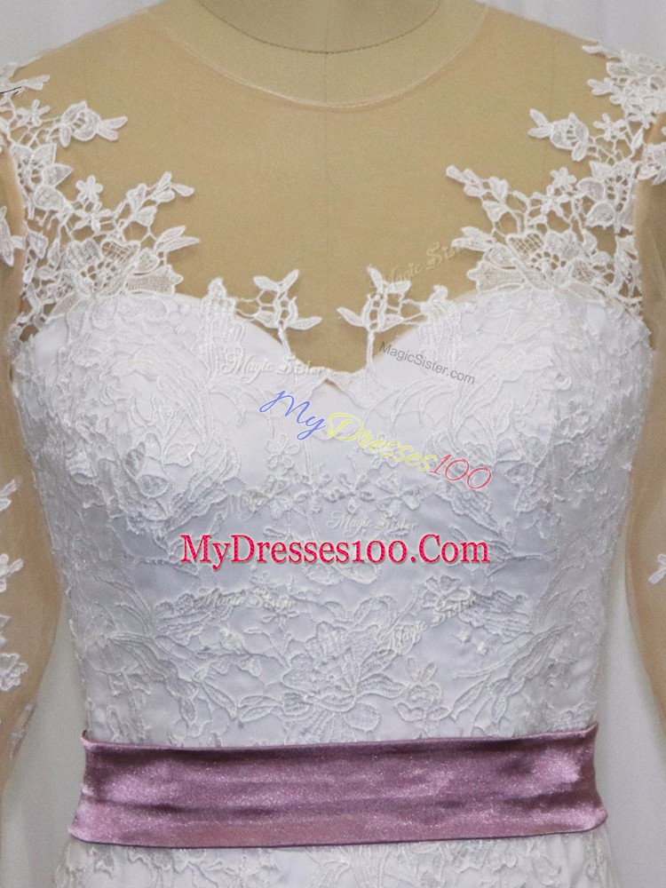 White Column/Sheath Lace and Belt Bridal Gown Clasp Handle Tulle Long Sleeves