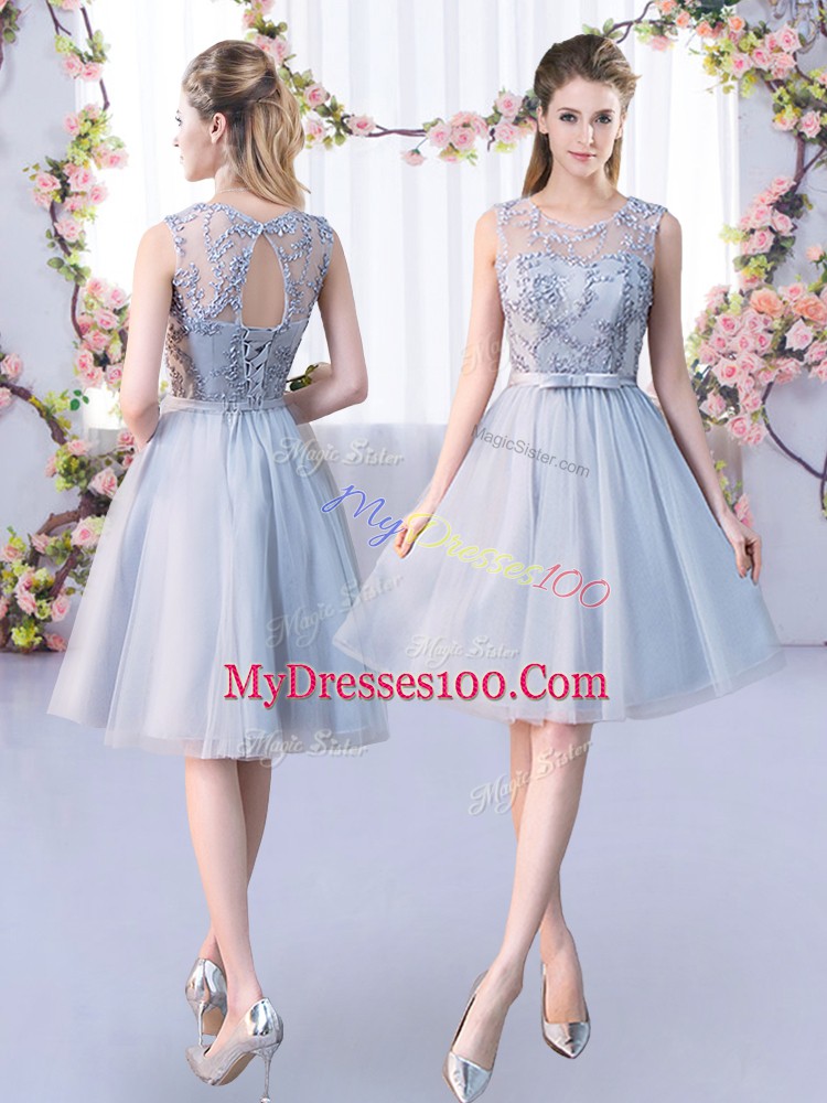 Scoop Sleeveless Lace Up Quinceanera Court Dresses Grey Tulle