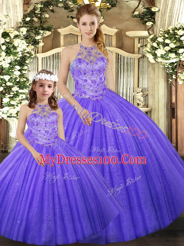 Halter Top Sleeveless 15 Quinceanera Dress Floor Length Beading Lavender Tulle