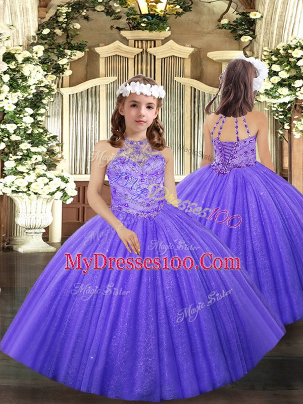 Halter Top Sleeveless 15 Quinceanera Dress Floor Length Beading Lavender Tulle
