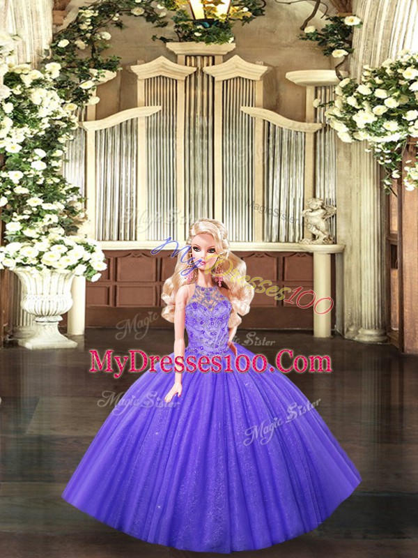 Halter Top Sleeveless 15 Quinceanera Dress Floor Length Beading Lavender Tulle