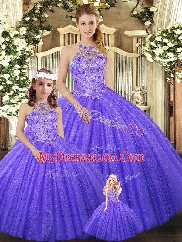 Halter Top Sleeveless 15 Quinceanera Dress Floor Length Beading Lavender Tulle