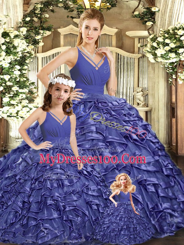 V-neck Sleeveless Organza 15th Birthday Dress Ruffles Brush Train Backless