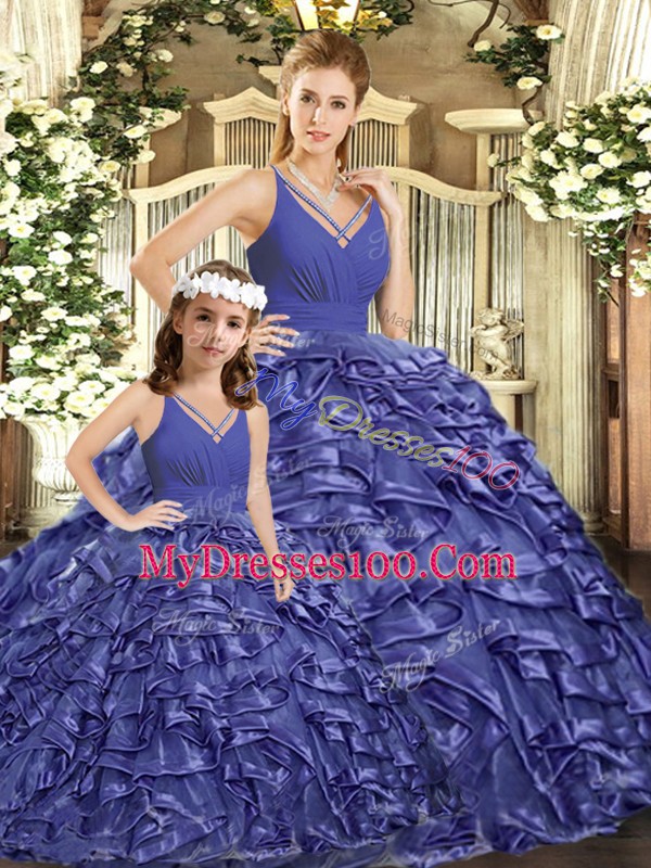 V-neck Sleeveless Organza 15th Birthday Dress Ruffles Brush Train Backless