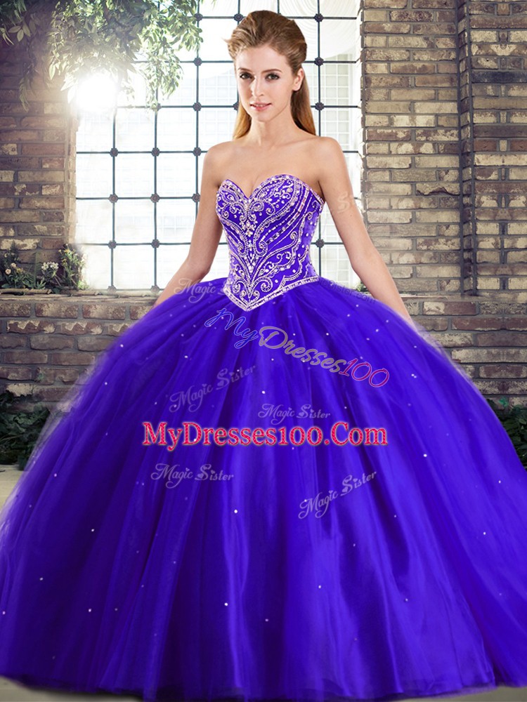 Blue Sweetheart Lace Up Beading Quinceanera Dress Brush Train Sleeveless