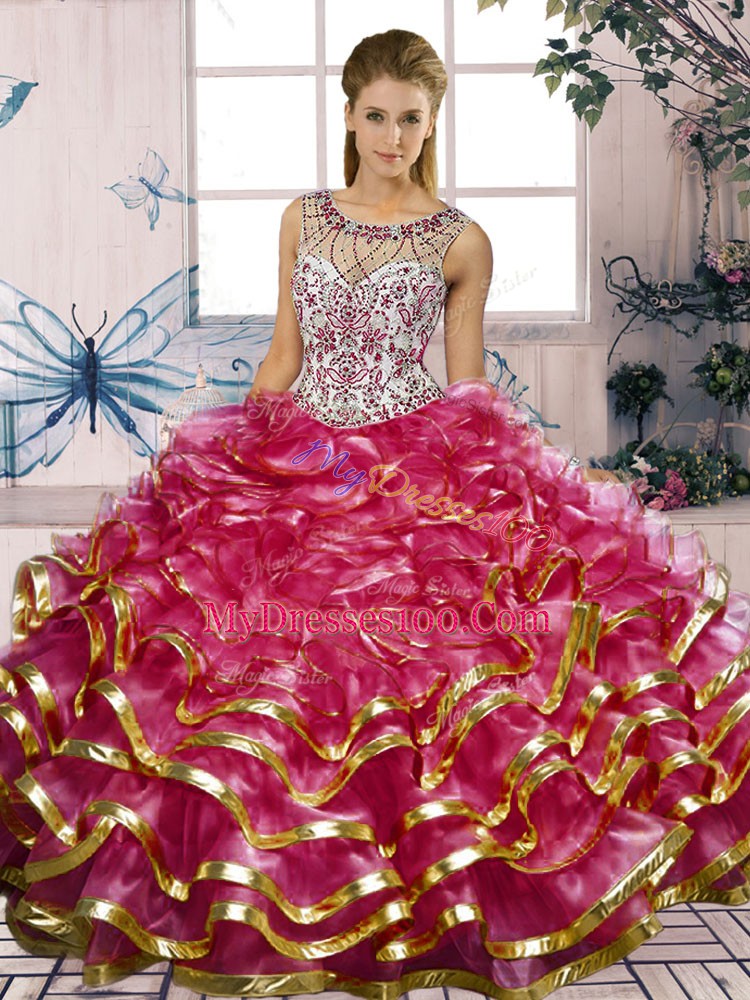 Noble Beading and Ruffles Sweet 16 Dress Fuchsia Lace Up Sleeveless Floor Length