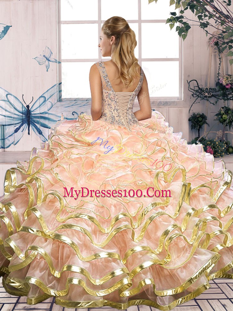 Noble Beading and Ruffles Sweet 16 Dress Fuchsia Lace Up Sleeveless Floor Length