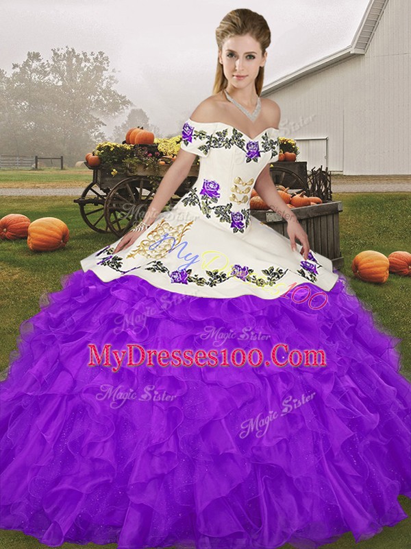 Exceptional Purple Organza Lace Up 15th Birthday Dress Sleeveless Floor Length Embroidery and Ruffles