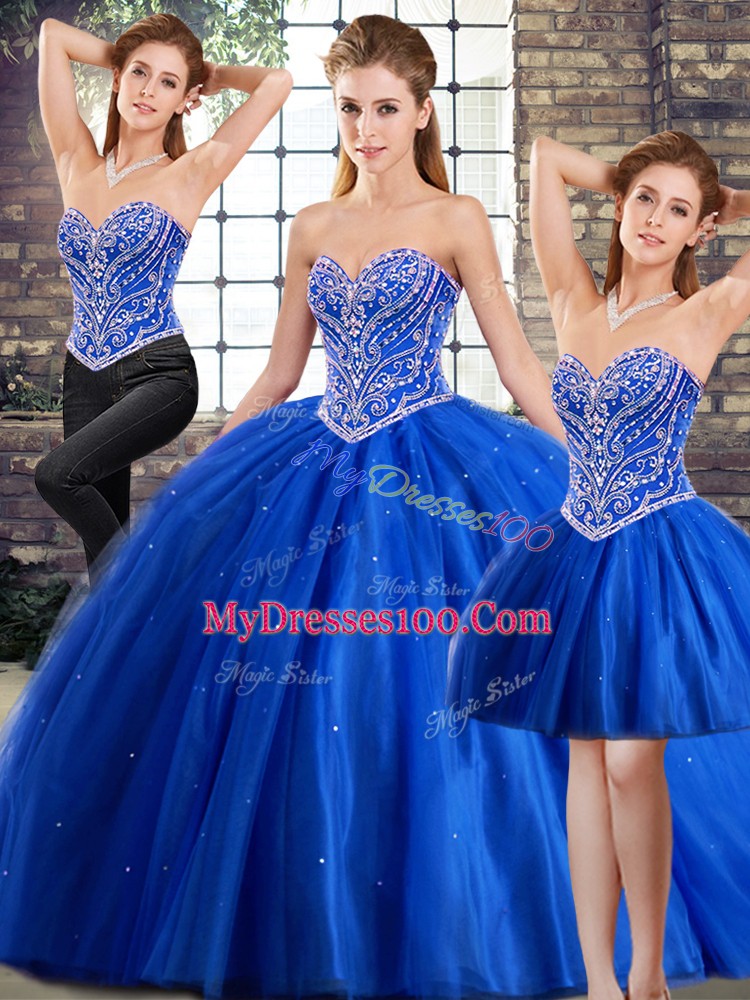 Fabulous Blue Ball Gowns Sweetheart Sleeveless Tulle Brush Train Lace Up Beading Quince Ball Gowns