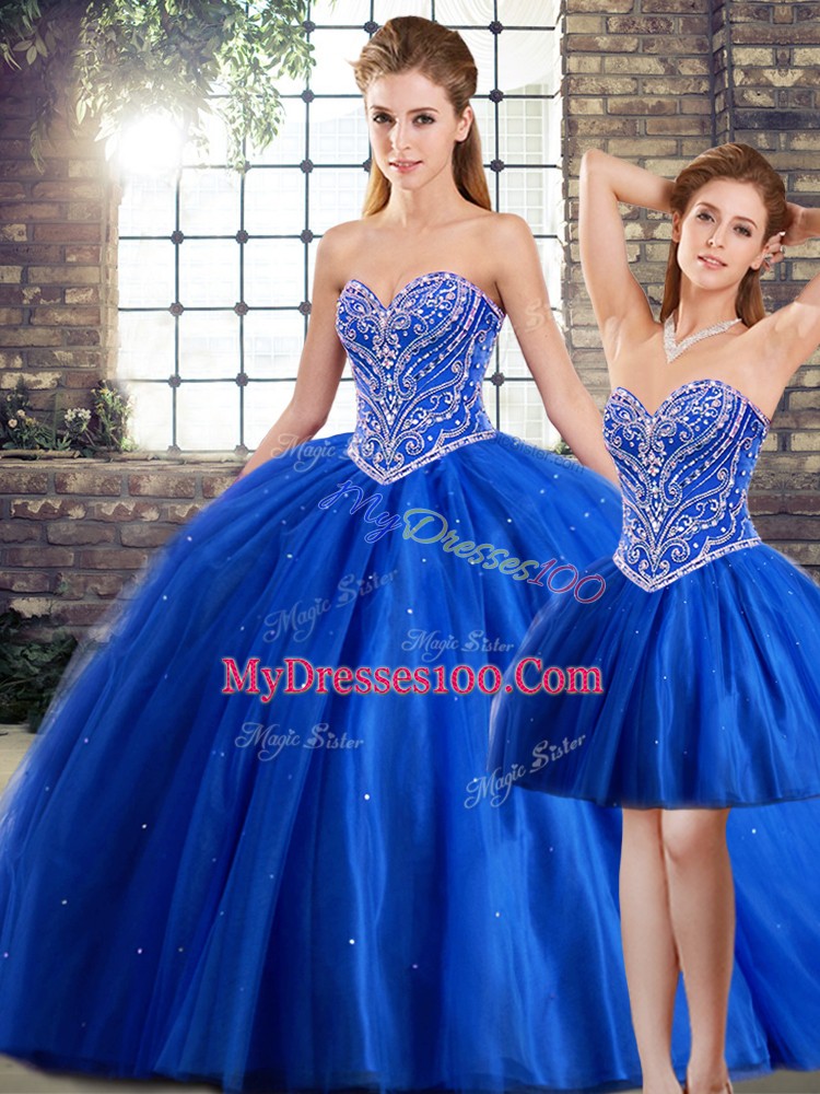 Fabulous Blue Ball Gowns Sweetheart Sleeveless Tulle Brush Train Lace Up Beading Quince Ball Gowns