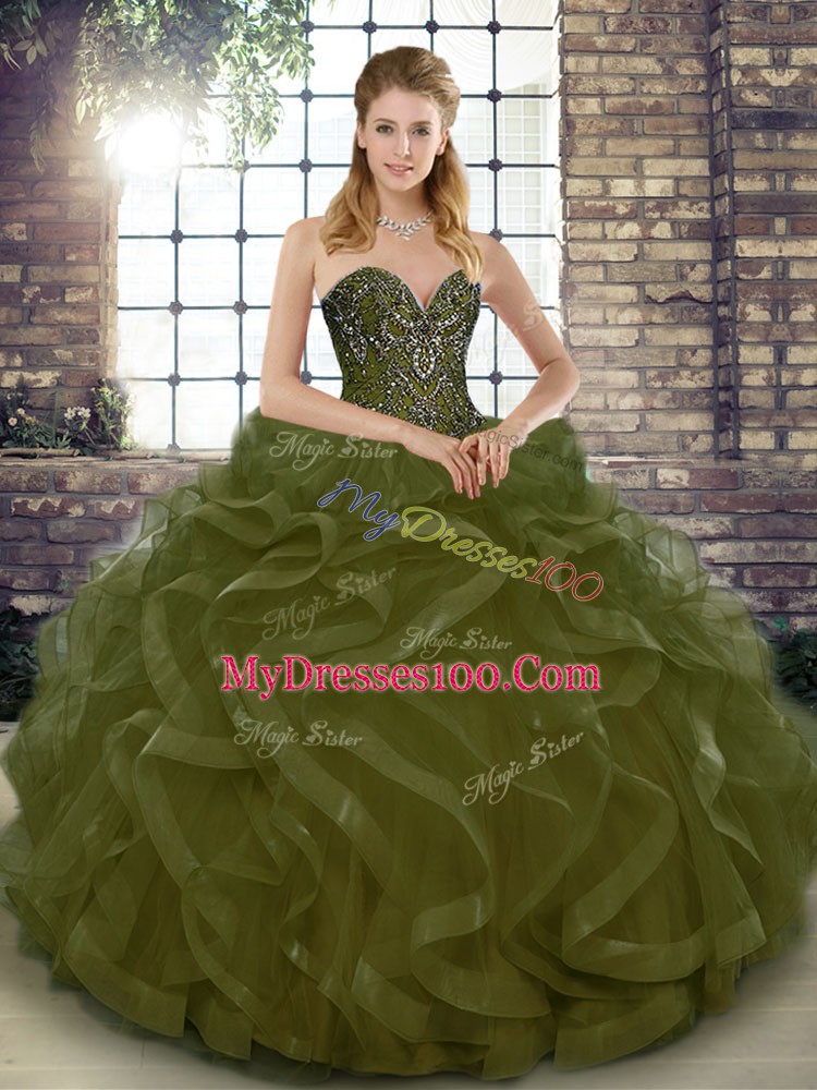 Suitable Ball Gowns 15th Birthday Dress Olive Green Sweetheart Tulle Sleeveless Floor Length Lace Up