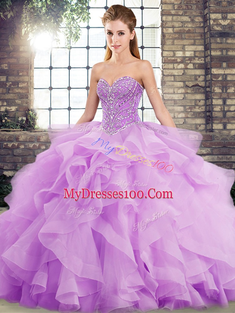 Flare Brush Train Ball Gowns Sweet 16 Dresses Lavender Sweetheart Tulle Sleeveless Lace Up