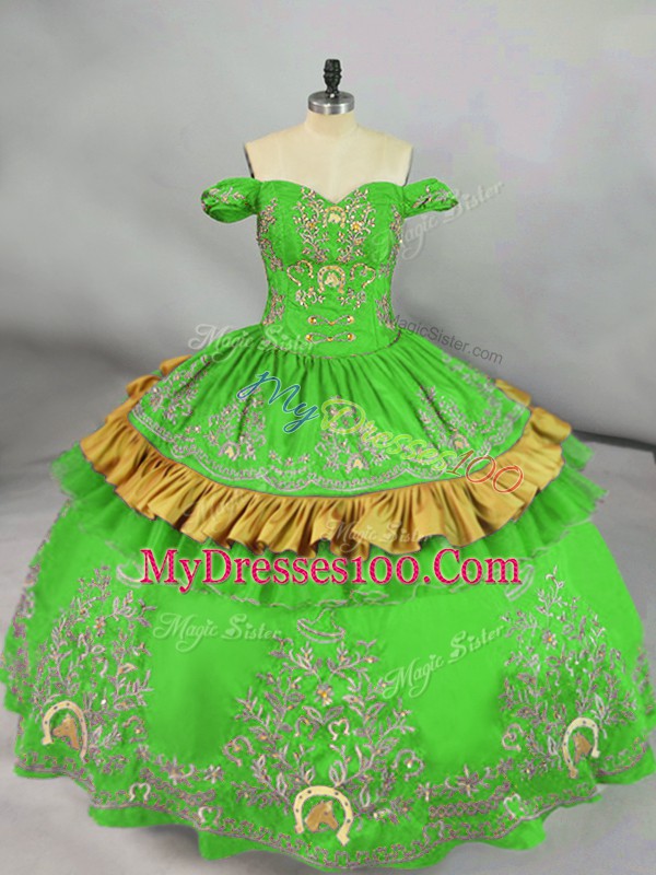 Green Satin Lace Up Ball Gown Prom Dress Sleeveless Floor Length Embroidery