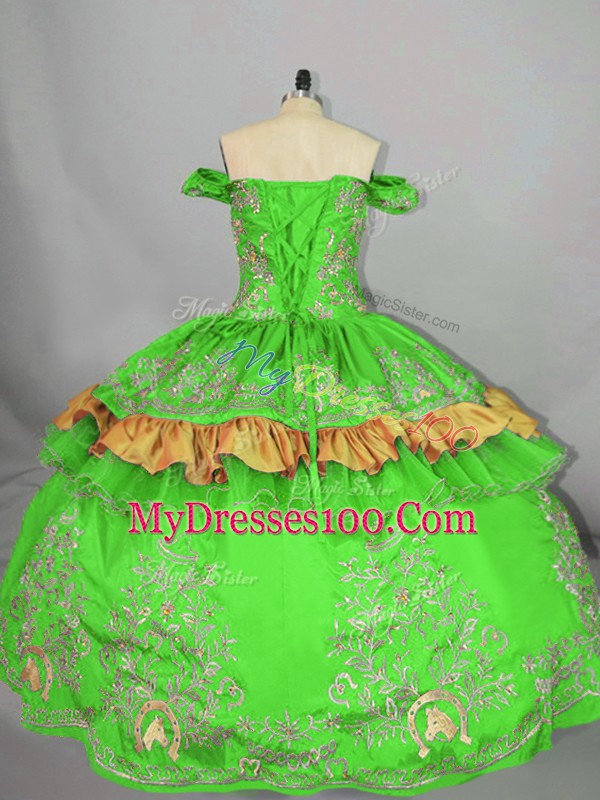 Green Satin Lace Up Ball Gown Prom Dress Sleeveless Floor Length Embroidery