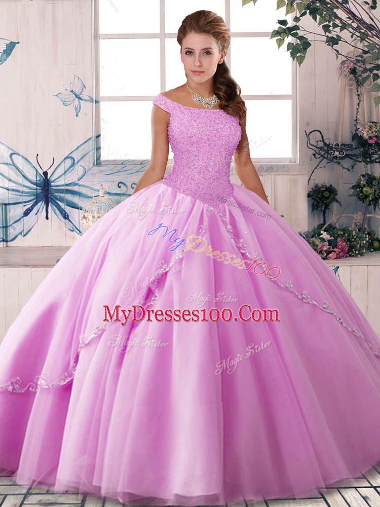 Tulle Sleeveless Sweet 16 Quinceanera Dress Brush Train and Beading