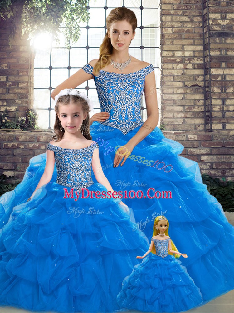 Customized Off The Shoulder Sleeveless Brush Train Lace Up Sweet 16 Quinceanera Dress Blue Tulle