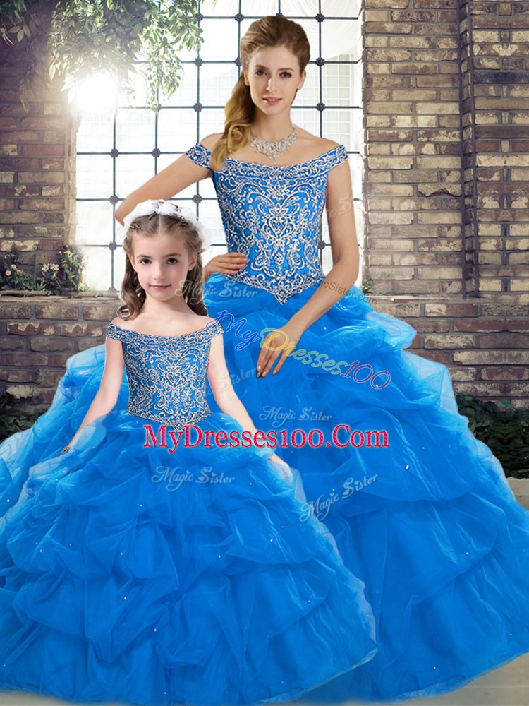 Customized Off The Shoulder Sleeveless Brush Train Lace Up Sweet 16 Quinceanera Dress Blue Tulle