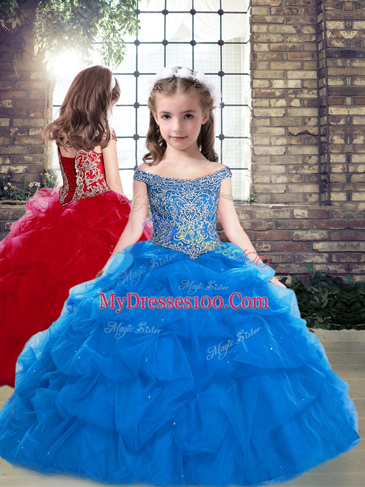 Customized Off The Shoulder Sleeveless Brush Train Lace Up Sweet 16 Quinceanera Dress Blue Tulle