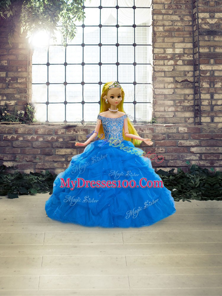 Customized Off The Shoulder Sleeveless Brush Train Lace Up Sweet 16 Quinceanera Dress Blue Tulle