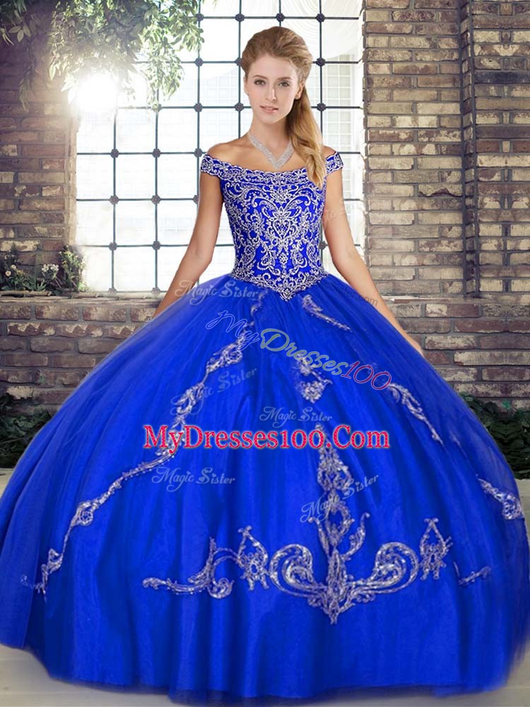 Royal Blue Sweet 16 Dresses Military Ball and Sweet 16 and Quinceanera with Beading and Embroidery Off The Shoulder Sleeveless Lace Up