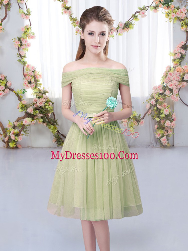 Fashion Off The Shoulder Short Sleeves Wedding Party Dress Knee Length Belt Olive Green Tulle