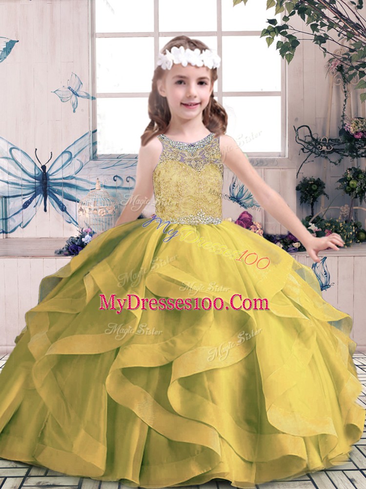 Stunning Olive Green Lace Up Scoop Beading and Ruffles Pageant Dress for Teens Tulle Sleeveless