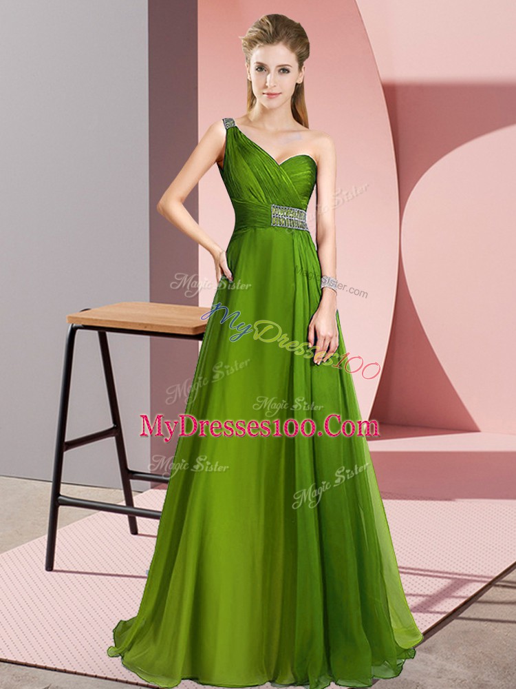 Sumptuous One Shoulder Sleeveless Prom Dresses Brush Train Beading Olive Green Chiffon