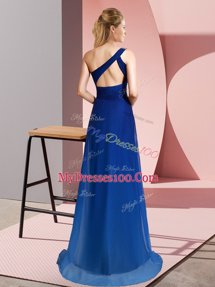 Sumptuous One Shoulder Sleeveless Prom Dresses Brush Train Beading Olive Green Chiffon