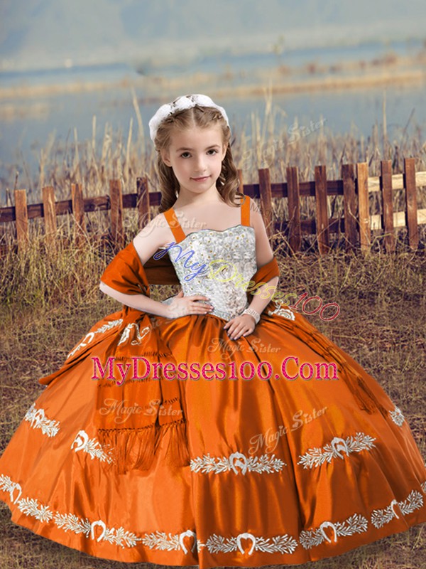 Floor Length Orange Red Winning Pageant Gowns Satin Sleeveless Beading and Embroidery