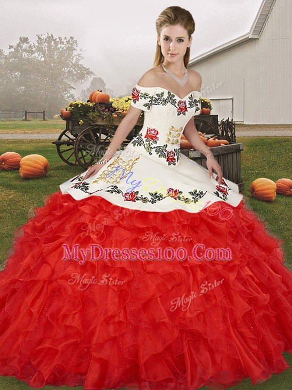 Floor Length Ball Gowns Sleeveless White And Red Quinceanera Dress Lace Up