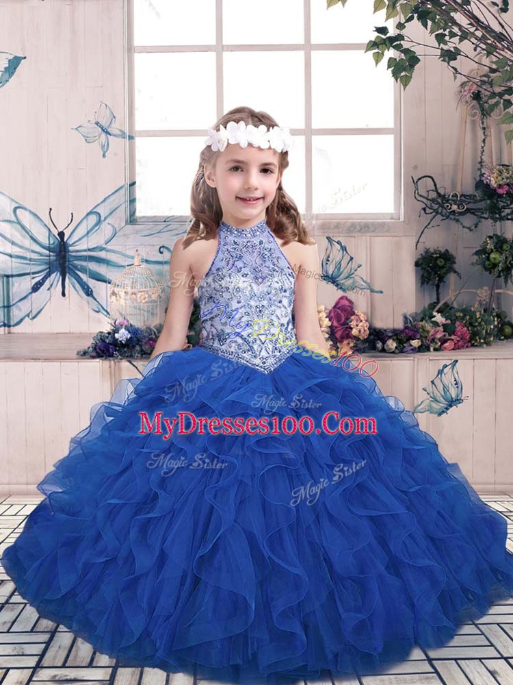 Blue Ball Gowns Beading and Ruffles Little Girls Pageant Dress Wholesale Lace Up Tulle Sleeveless Floor Length