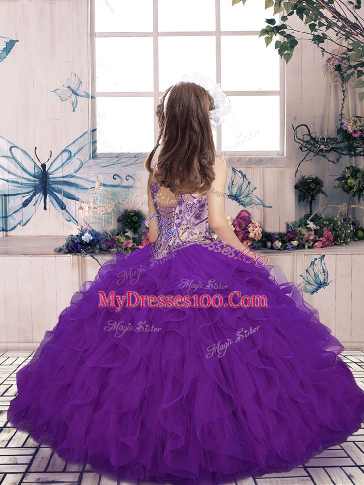 Blue Ball Gowns Beading and Ruffles Little Girls Pageant Dress Wholesale Lace Up Tulle Sleeveless Floor Length
