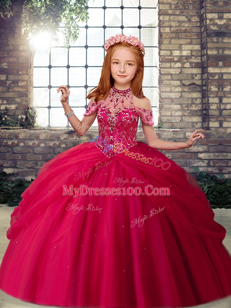 Most Popular Beading Kids Formal Wear Hot Pink Lace Up Sleeveless Floor Length