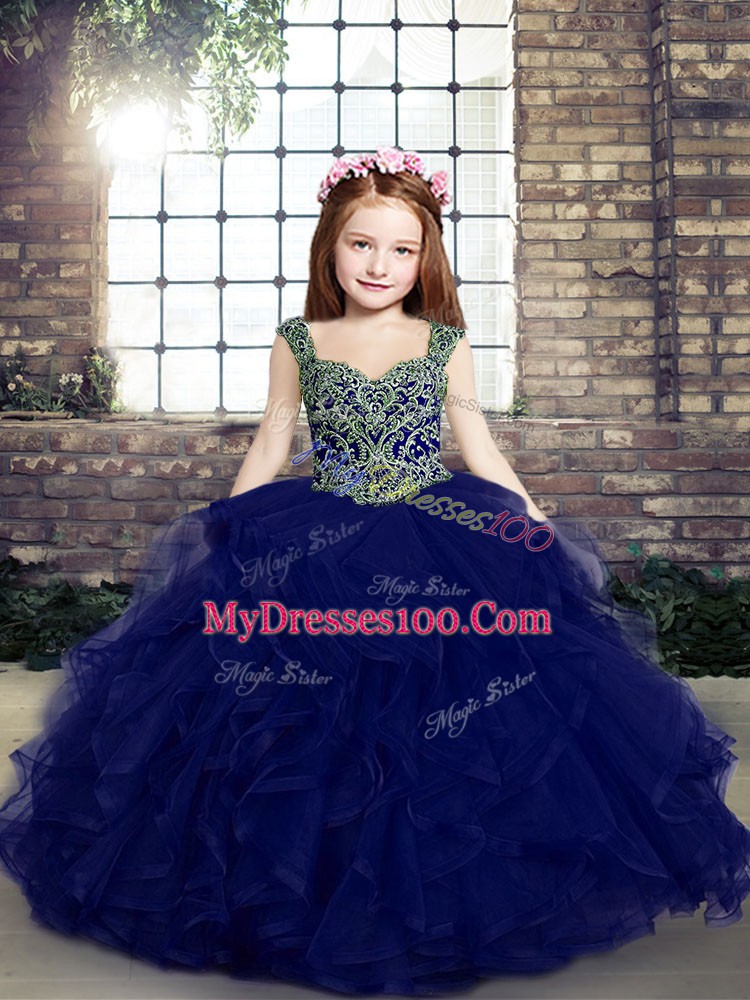 Latest Blue Tulle Lace Up Pageant Gowns For Girls Sleeveless Floor Length Beading and Ruffles