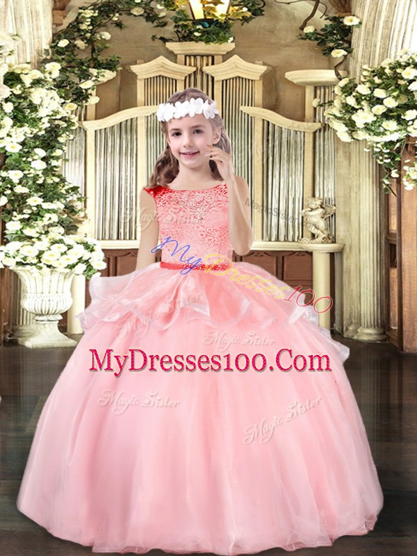 Simple Sleeveless Organza Floor Length Zipper Little Girl Pageant Dress in Baby Pink with Beading