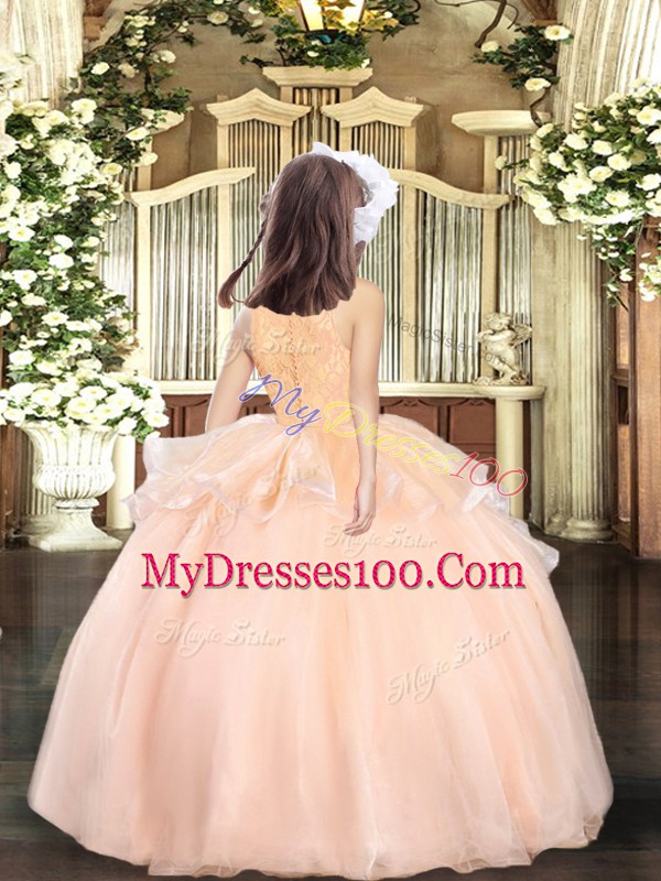 Simple Sleeveless Organza Floor Length Zipper Little Girl Pageant Dress in Baby Pink with Beading